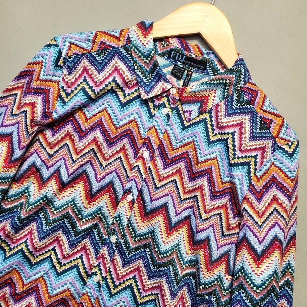 FDJ French Dressing Jeans Zigzag Shirt Womens 12 Multicolor Button Up Boho Artsy